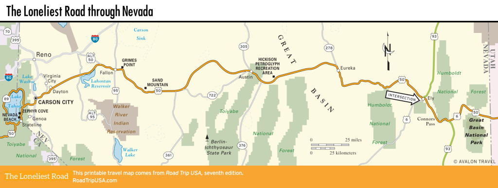 Map of the Loneliest Road through Nevada.