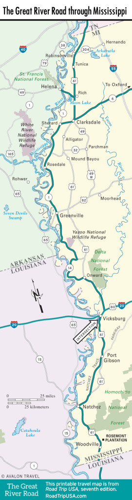 Map of the Great River Road through Mississippi.