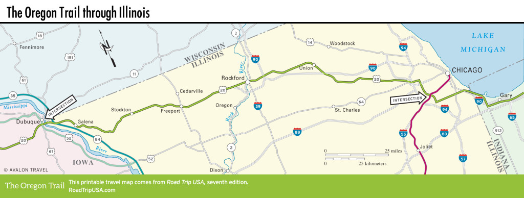 Map of the Oregon Trail through Illinois.