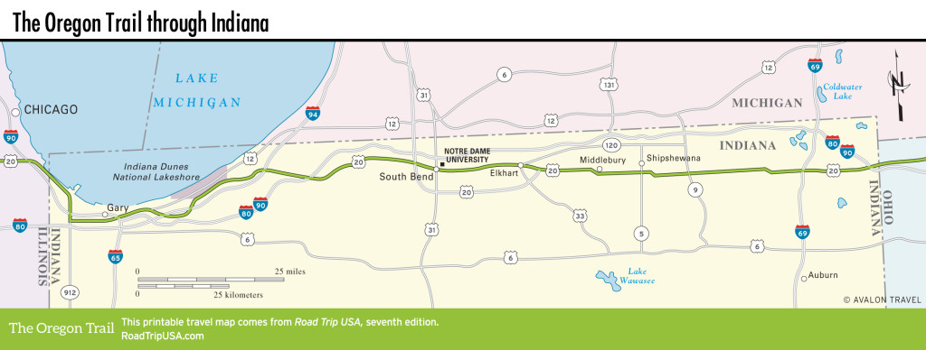 Map of the Oregon Trail through Indiana.