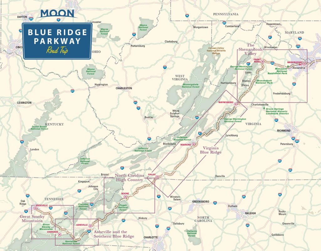 Overview Blue Ridge Parkway map from Moon Blue Ridge Parkway Road Trip