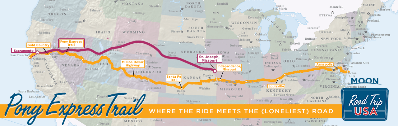 Pony Express Trail map overlaid on the map of the Loneliest Road road trip