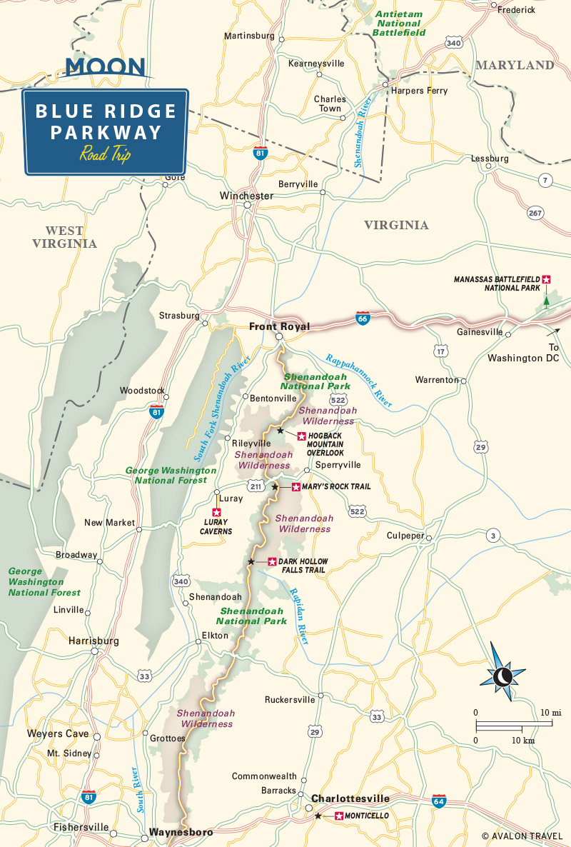 Skyline Drive map from Blue Ridge Parkway map from Moon Blue Ridge Parkway Road Trip