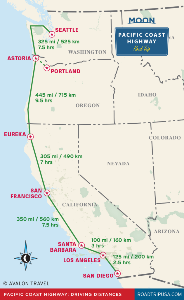 Pacific Coast Highway driving distance map from Moon Pacific Coast Highway Road Trip travel guide