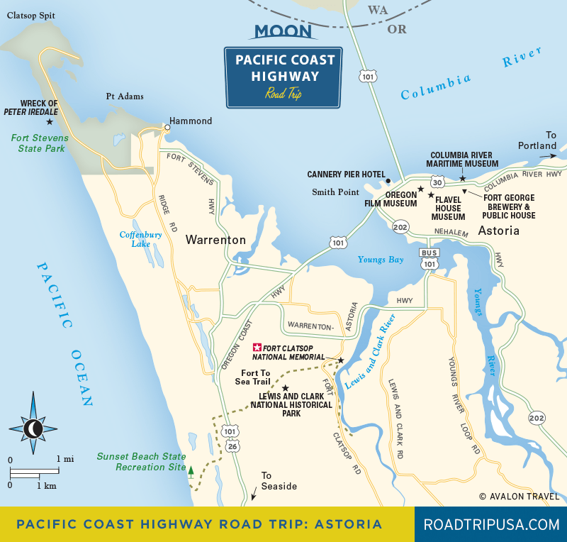 Travel map of Astoria Oregon from Moon Pacific Coast Highway Road Trip