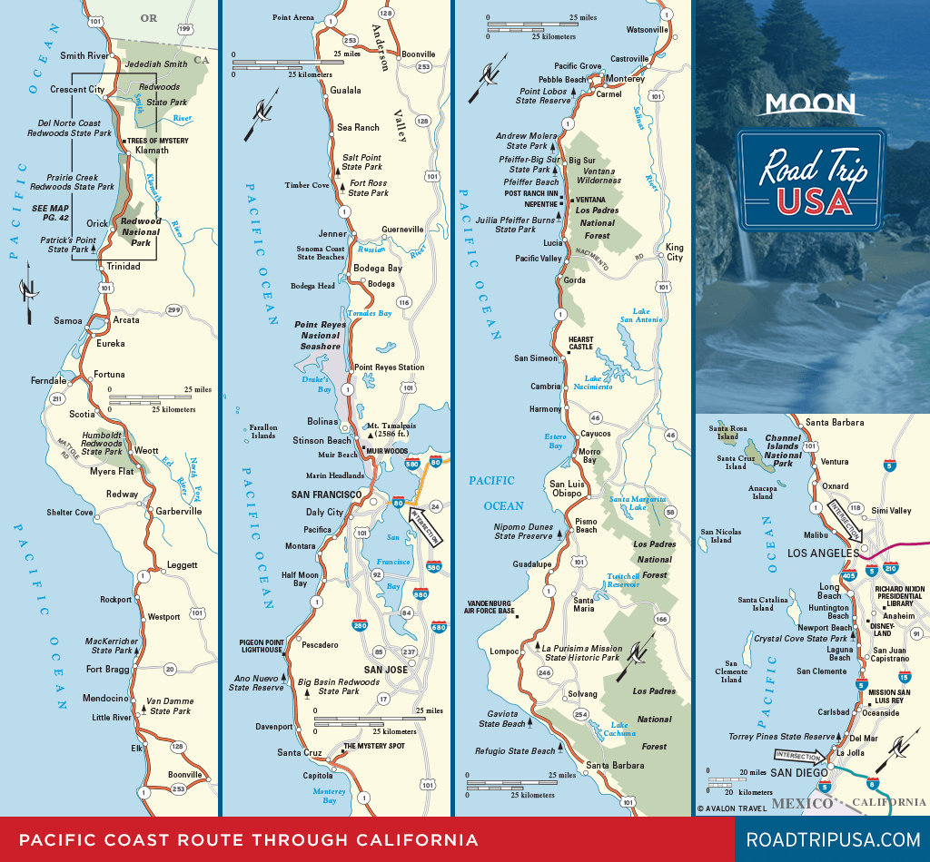 Map of Pacific Coast Highway 1 Road Trip Route through California