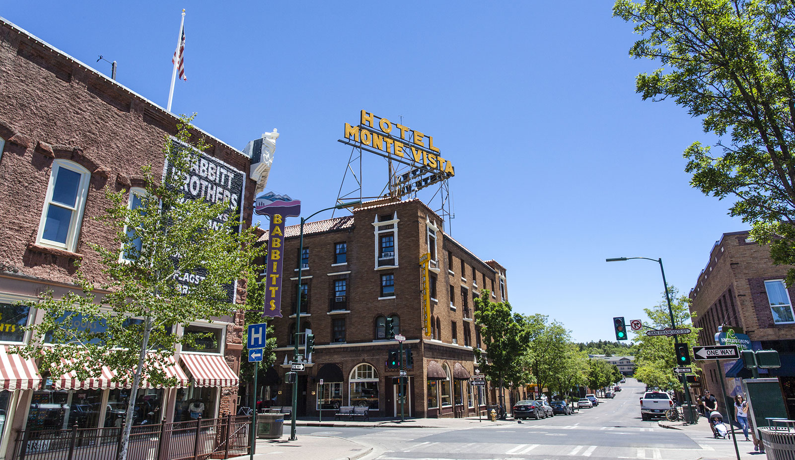 The historical facade of the Hotel Monte Vista in Flagstaff Arizona