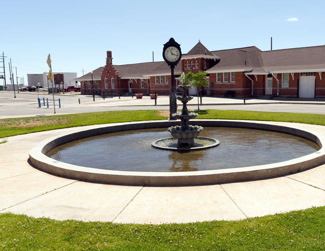 Downtown Cheyenne Wyoming with a pond and a clock