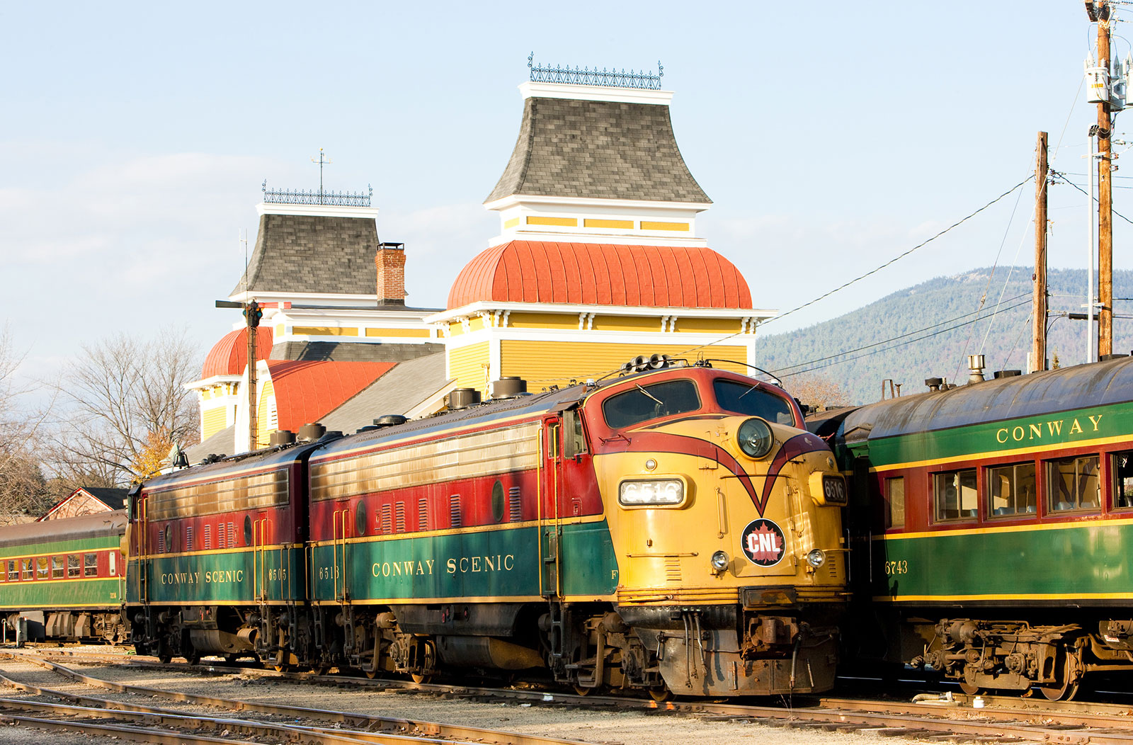 The engine of the Conway Scenic Railroad train at the station